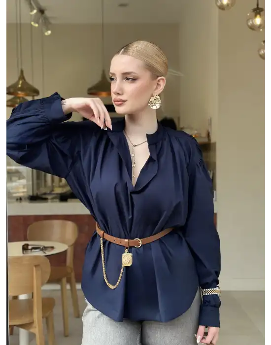 Dik Yaka Oversize Pileli Laci Gömlek