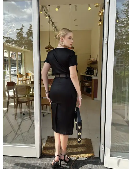 Düğmeli Midi Boy Kemerli Siyah Elbise