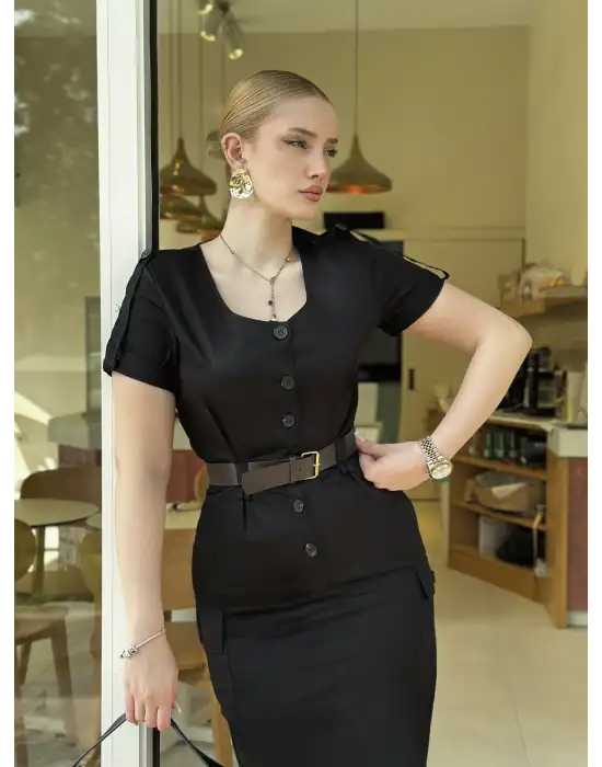 Düğmeli Midi Boy Kemerli Siyah Elbise