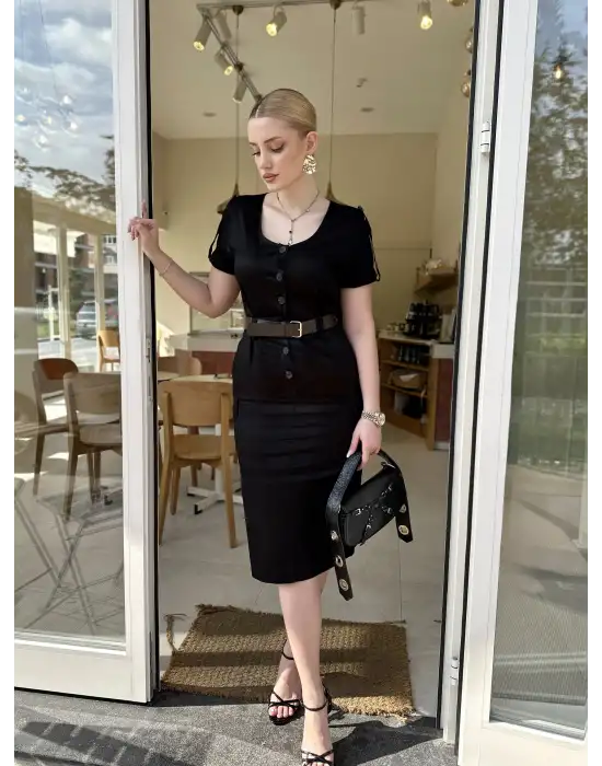 Düğmeli Midi Boy Kemerli Siyah Elbise