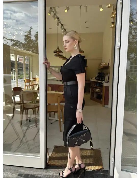 Düğmeli Midi Boy Kemerli Siyah Elbise