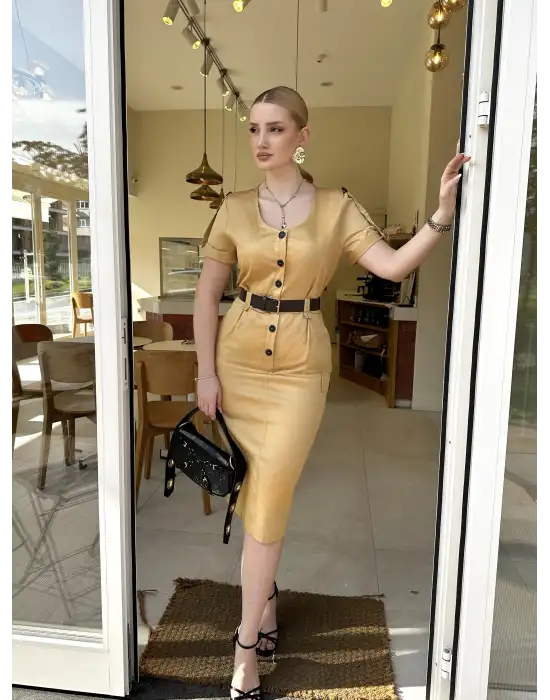 Düğmeli Midi Boy Kemerli Hardal Elbise