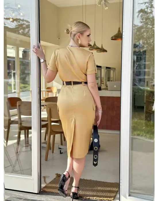 Düğmeli Midi Boy Kemerli Hardal Elbise