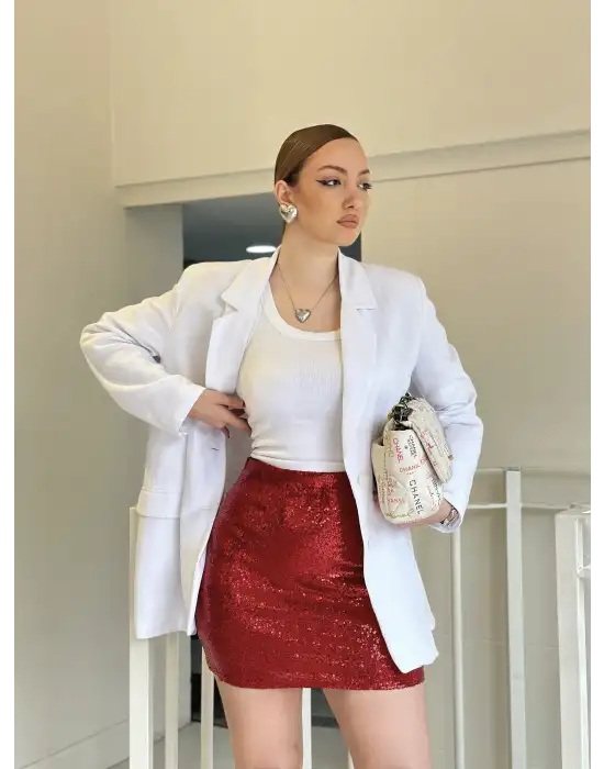 Kırmızı Kısa Payet Etek