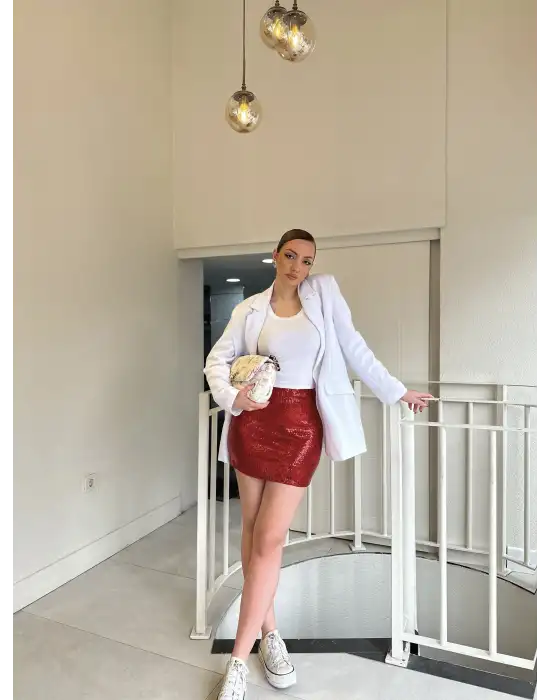 Kırmızı Kısa Payet Etek