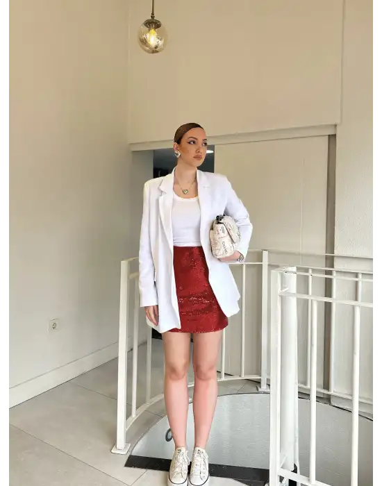 Kırmızı Kısa Payet Etek