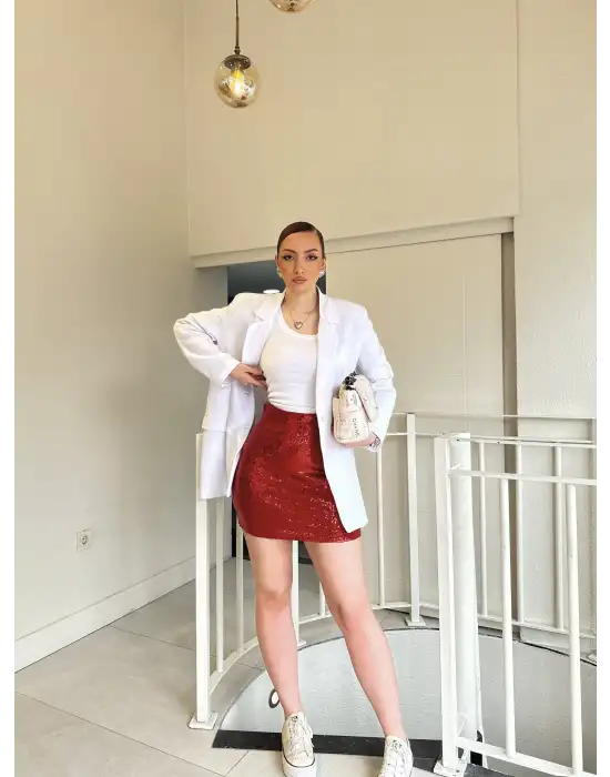 Kırmızı Kısa Payet Etek