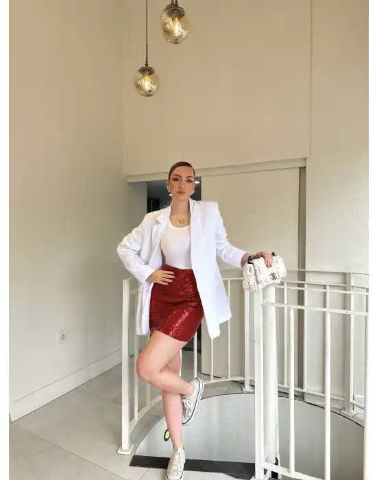 Kırmızı Kısa Payet Etek