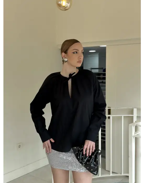Bağlamalı Yaka Poplin Oversize Siyah Gömlek
