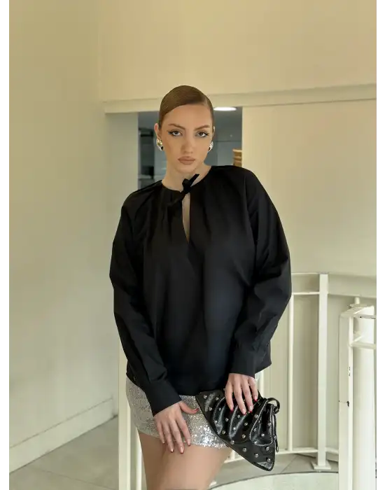Bağlamalı Yaka Poplin Oversize Siyah Gömlek