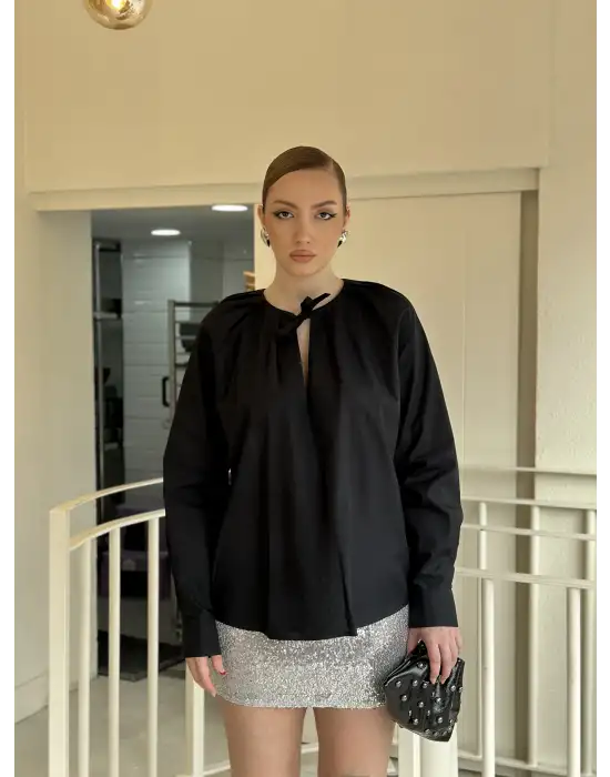 Bağlamalı Yaka Poplin Oversize Siyah Gömlek