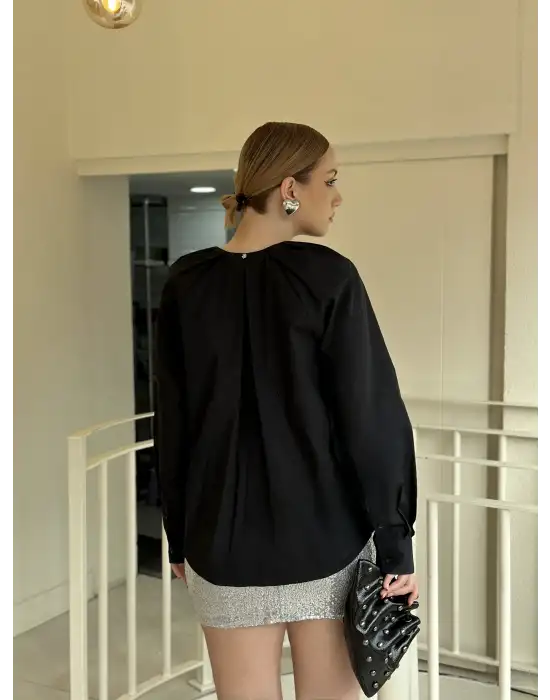 Bağlamalı Yaka Poplin Oversize Siyah Gömlek