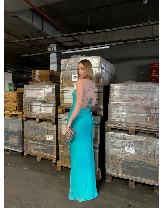 Moi Sırt Dekolteli V Yaka Balık Parlak Saten Abiye Mavi Elbise