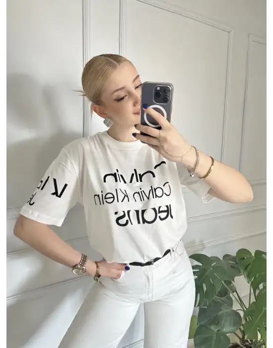 Baskılı Orijinal Marka Oversize Pamuk Beyaz Tshirt