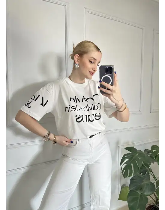 Baskılı Orijinal Marka Oversize Pamuk Beyaz Tshirt