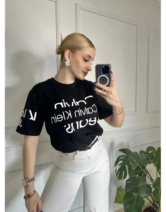 Baskılı Orijinal Marka Oversize Pamuk Siyah Tshirt