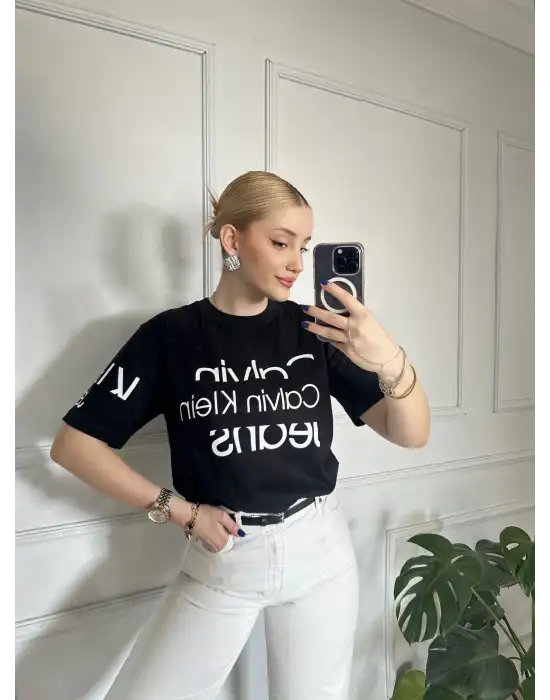 Baskılı Orijinal Marka Oversize Pamuk Siyah Tshirt