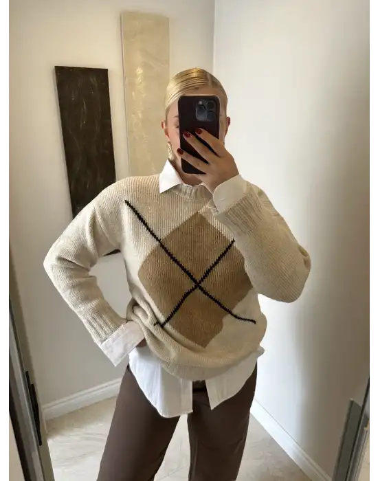 Bej Baklava Desen Triko Oversize Kazak