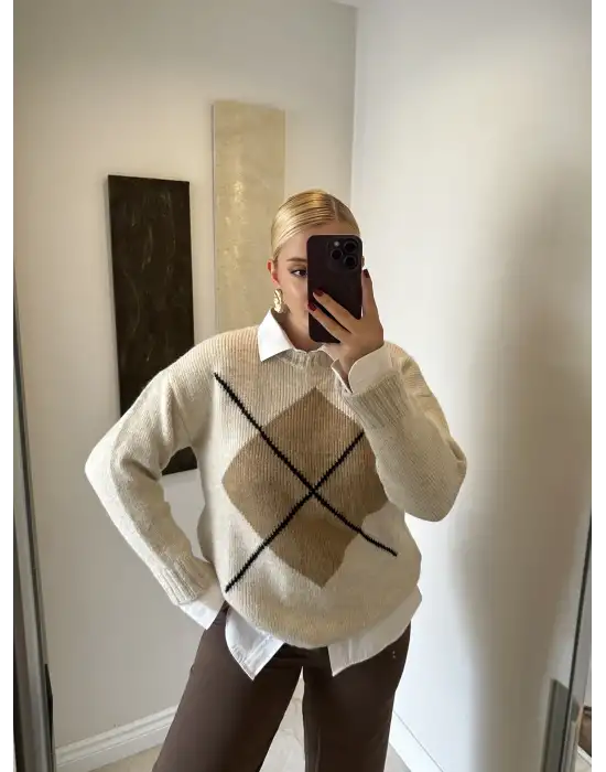 Bej Baklava Desen Triko Oversize Kazak