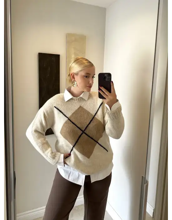 Bej Baklava Desen Triko Oversize Kazak