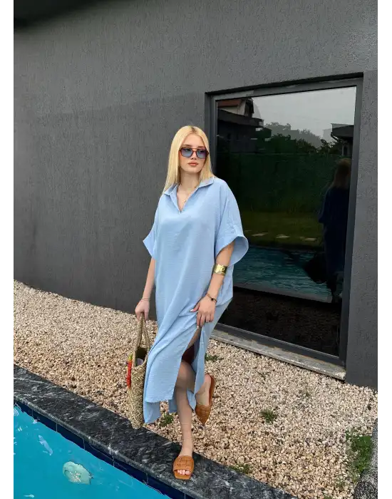 Bohem BebeMavi Keten Polo Yaka Elbise