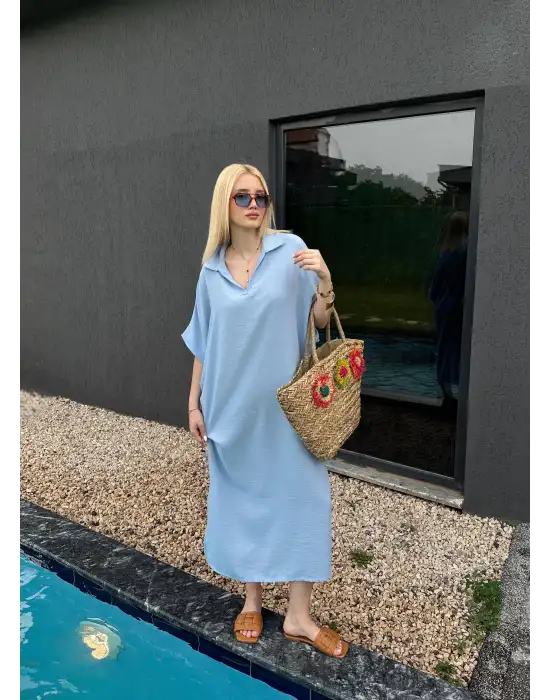 Bohem BebeMavi Keten Polo Yaka Elbise