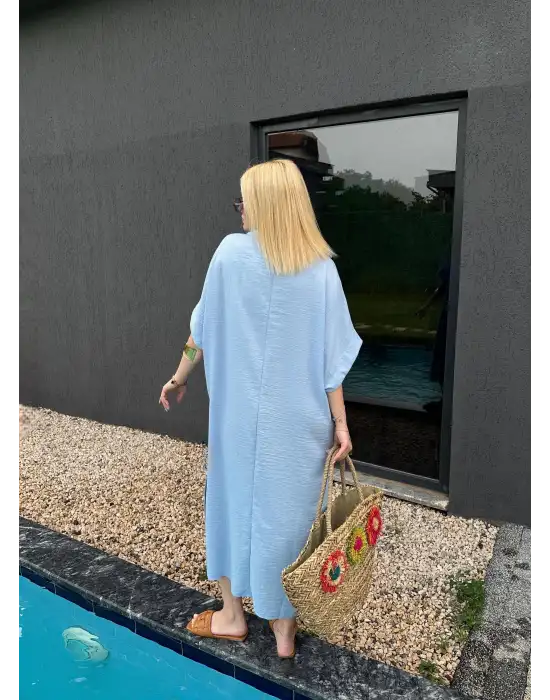 Bohem BebeMavi Keten Polo Yaka Elbise