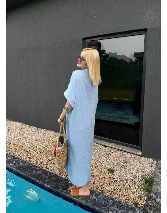 Bohem BebeMavi Keten Polo Yaka Elbise