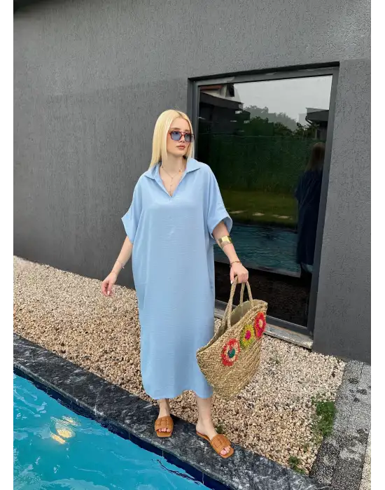 Bohem BebeMavi Keten Polo Yaka Elbise