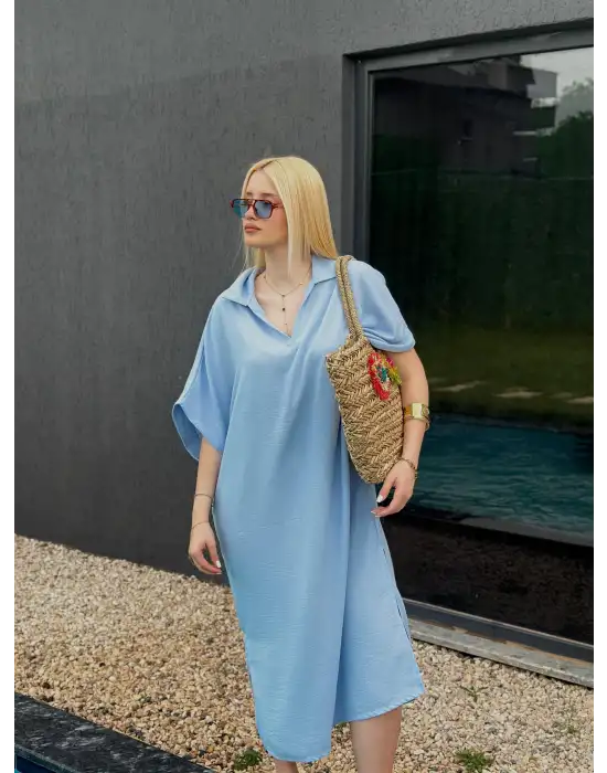 Bohem BebeMavi Keten Polo Yaka Elbise