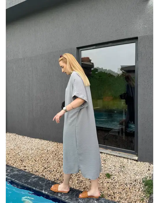 Bohem Gri Keten Polo Yaka Elbise