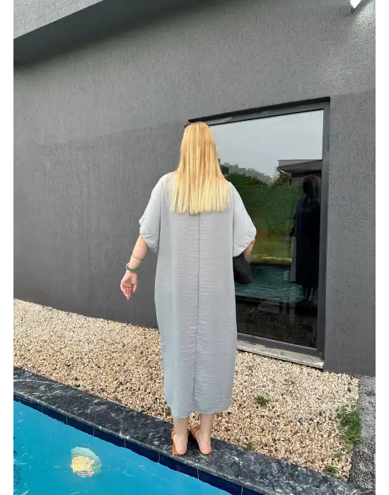 Bohem Gri Keten Polo Yaka Elbise