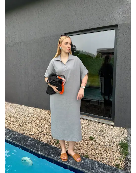Bohem Gri Keten Polo Yaka Elbise