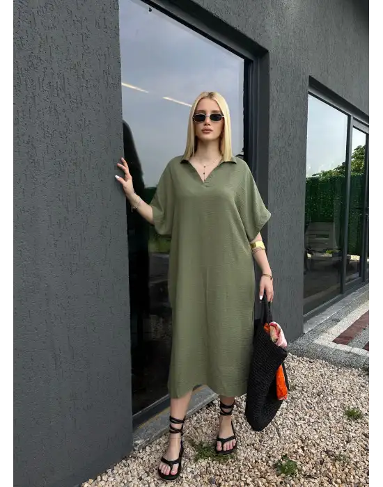 Bohem Haki Keten Polo Yaka Elbise