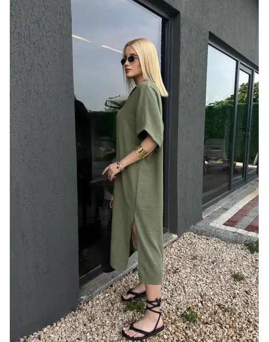 Bohem Haki Keten Polo Yaka Elbise