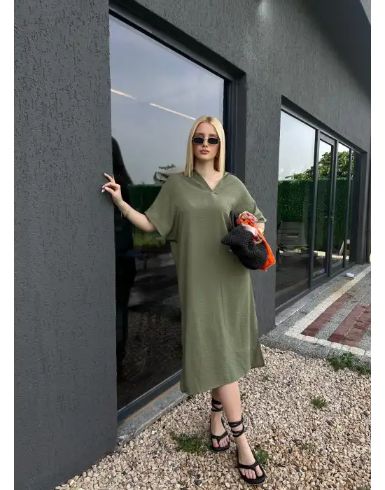 Bohem Haki Keten Polo Yaka Elbise