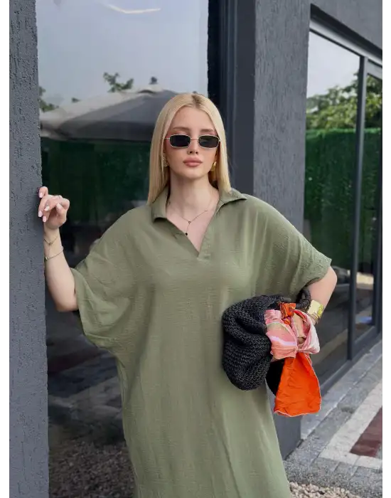 Bohem Haki Keten Polo Yaka Elbise