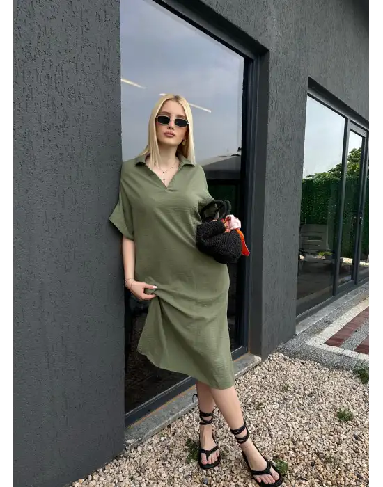Bohem Haki Keten Polo Yaka Elbise