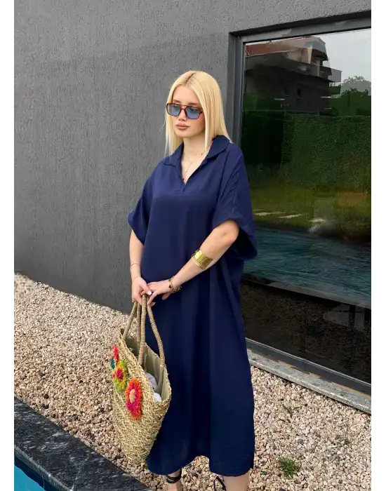 Bohem Lacivert Keten Polo Yaka Elbise