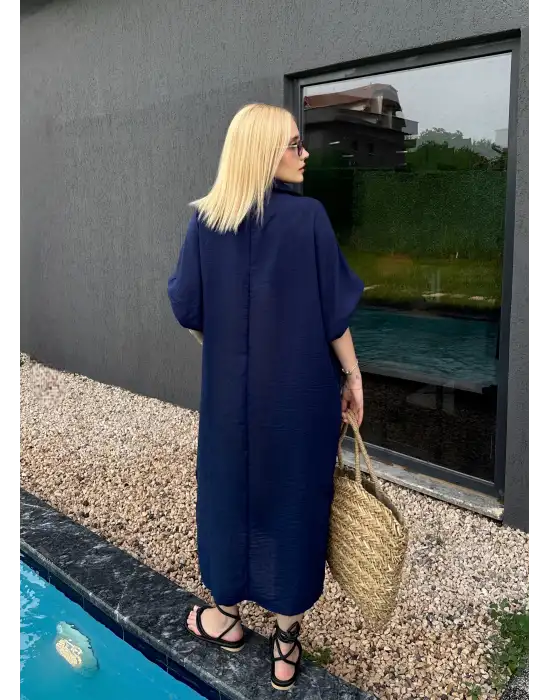 Bohem Lacivert Keten Polo Yaka Elbise