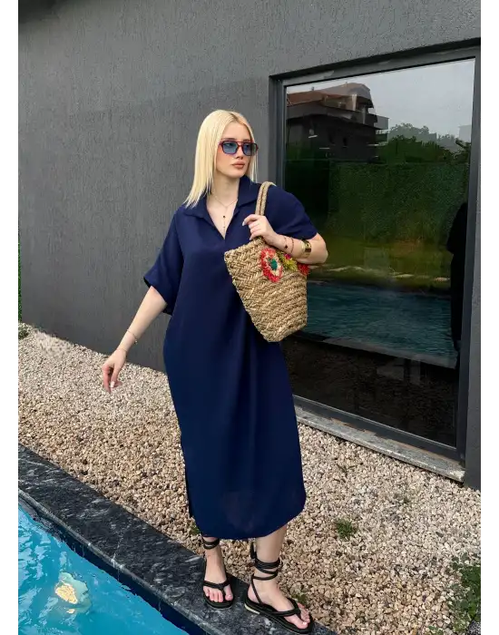 Bohem Lacivert Keten Polo Yaka Elbise