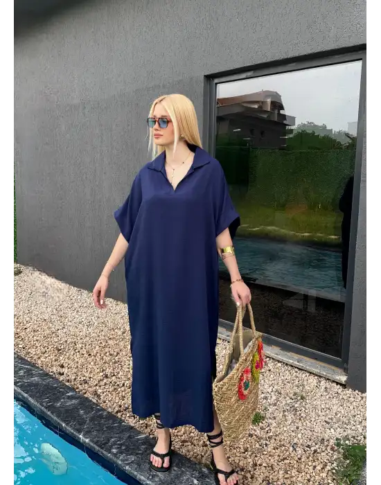 Bohem Lacivert Keten Polo Yaka Elbise