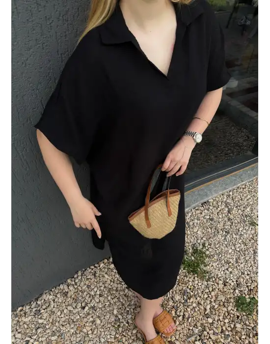 Bohem Siyah Keten Polo Yaka Elbise