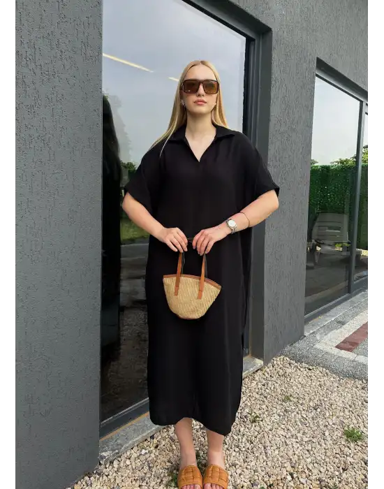 Bohem Siyah Keten Polo Yaka Elbise