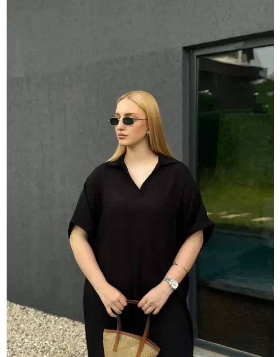 Bohem Siyah Keten Polo Yaka Elbise