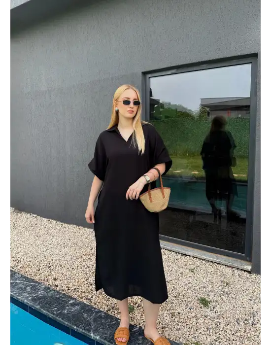 Bohem Siyah Keten Polo Yaka Elbise