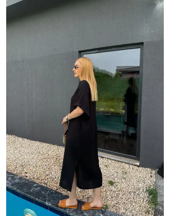 Bohem Siyah Keten Polo Yaka Elbise