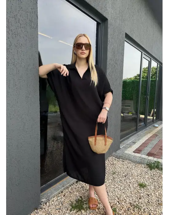 Bohem Siyah Keten Polo Yaka Elbise