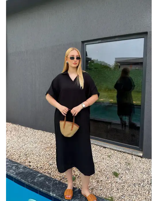 Bohem Siyah Keten Polo Yaka Elbise