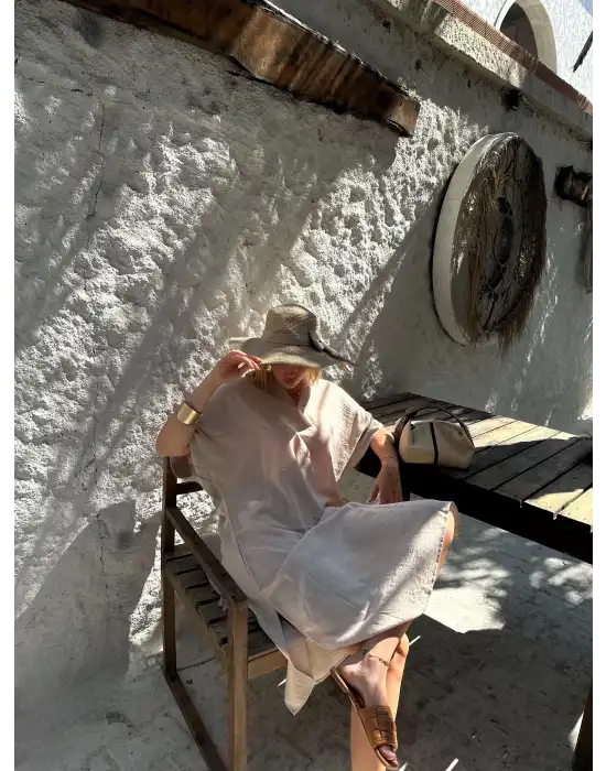 Bohem Taş Keten Polo Yaka Elbise